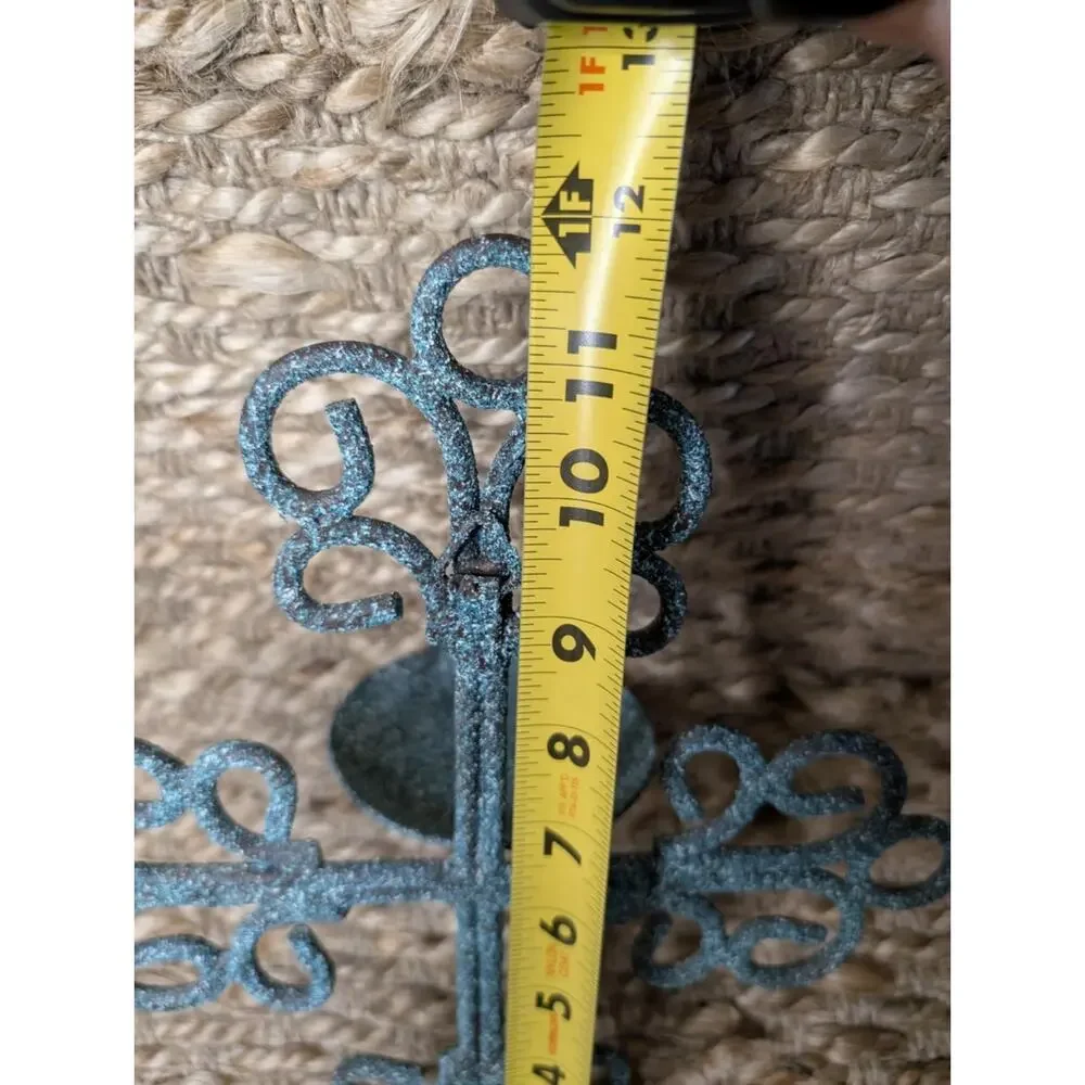 Vtg. Pair Of Metal Iron Cross Candle Holders Sconce Teal Blue Unique Home Decor